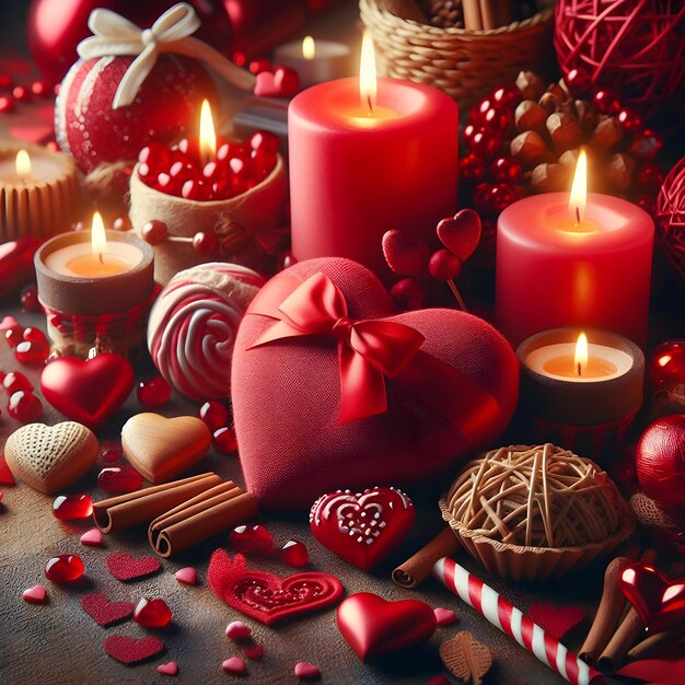 Día de San Valentín Con fondo de corazones rojos y velas románticas
