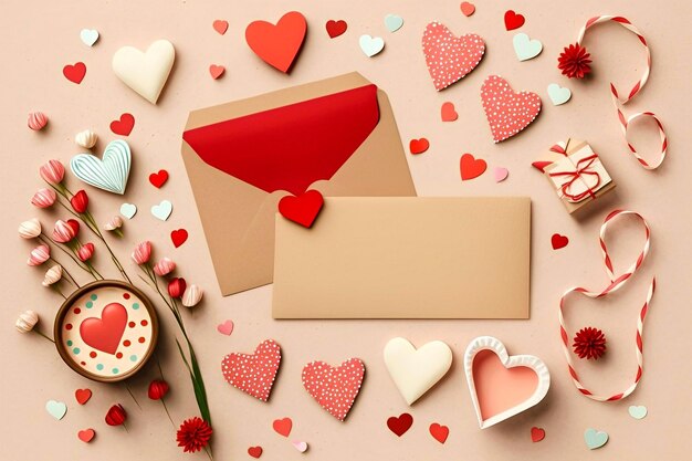 Foto día de san valentín fondo de vacaciones diseño plano corte de papel romántico con regalo de sobre y tarjeta de papel