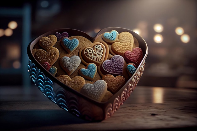Día de san valentín galletas en forma de corazón enfoque selectivo iluminación suave ai generativo