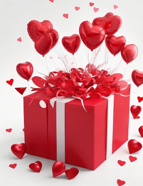 Día de San Valentín con globo rojo en forma de corazón y caja de regalos