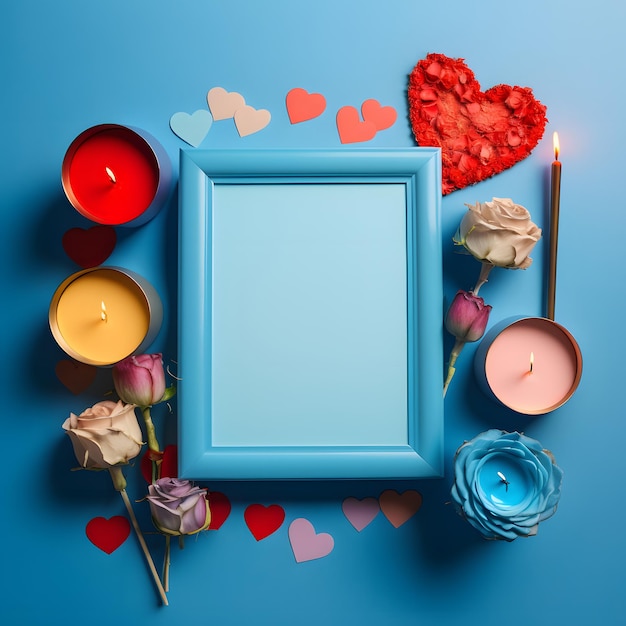 Día de San Valentín marco de fotos velas corazones flores rosas sobre un fondo azul