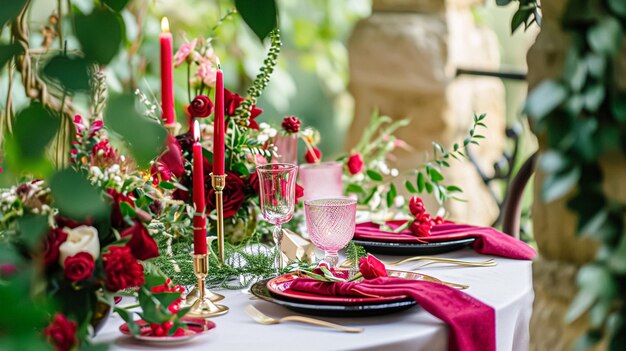 Día de San Valentín mesa paisaje y decoración de la mesa romántica mesa con flores cena formal y fecha hermosos cubiertos y vajilla
