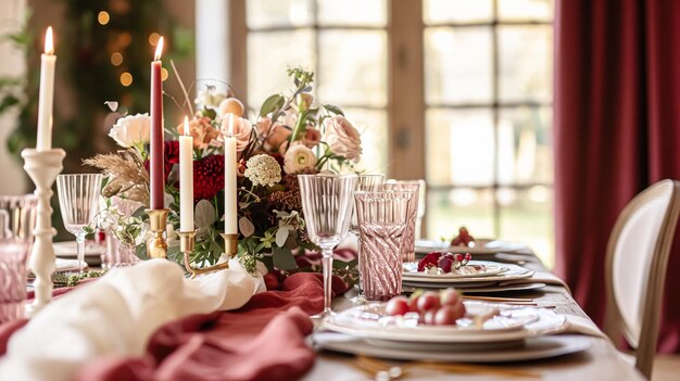 Día de San Valentín mesa paisaje y decoración de la mesa romántica mesa con flores cena formal y fecha hermosos cubiertos y vajilla