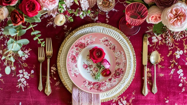 Día de San Valentín mesa paisaje y decoración de la mesa romántica mesa con flores cena formal y fecha hermosos cubiertos y vajilla