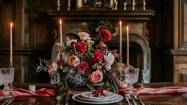 Día de San Valentín mesa paisaje y decoración de la mesa romántica mesa con flores cena formal y fecha hermosos cubiertos y vajilla
