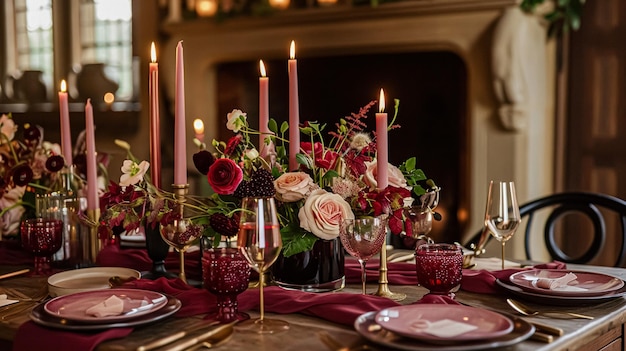 Día de San Valentín mesa paisaje y decoración de la mesa romántica mesa con flores cena formal y fecha hermosos cubiertos y vajilla