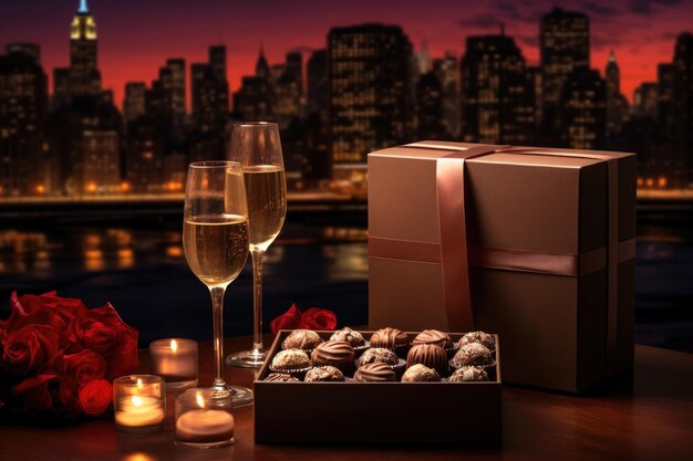 Día de San Valentín o cumpleaños mesa de cena con copas de champán dulces y cajas de regalos