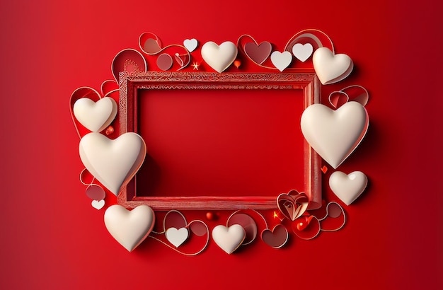 Día de San Valentín o Día de la Madre cartel marco con espacio vacío y decoración festiva fondo rojo Fondo de venta Cartel de descuento rojo con adorno de corazones 14 de febrero Ai generativo