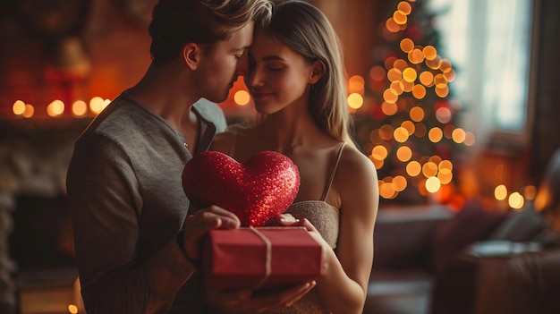 Día de San Valentín Una pareja comparte su amor en un ambiente romántico.