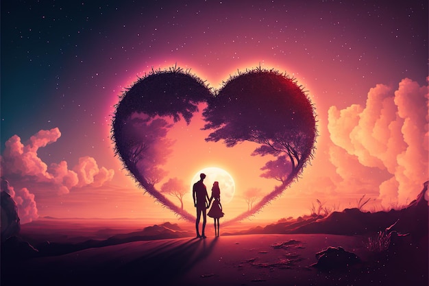 Día de san valentín pareja enamorada entre un arreglo de corazón gigante decoración de flores y corazones