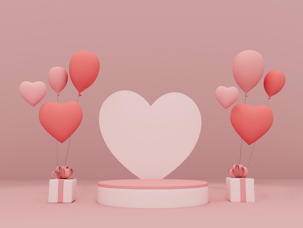 Día de san valentín con podio vacío para la presentación del producto 3d render