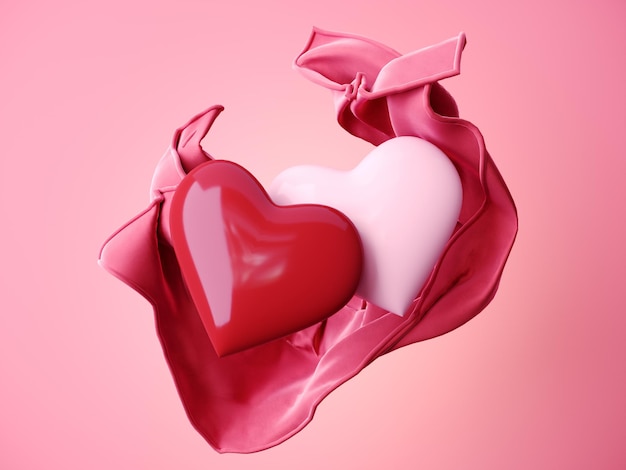 Día de San Valentín renderizado en 3D de formas geométricas voladoras con tejido corazones rosados símbolo de amor y dulces