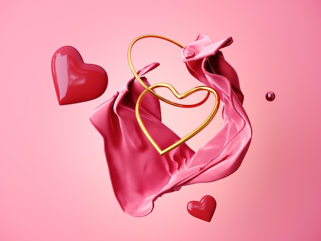 Día de San Valentín renderizado en 3D de formas geométricas voladoras con tejido corazones rosados símbolo de amor y dulces
