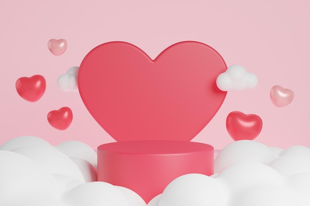 Día de San Valentín stand fondo rosa ilustraciones 3D amor y nubes