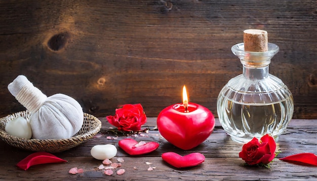 Día de San Valentín Zen y relajación con decoración de bienestar aceite de masaje de spa y fondo de madera