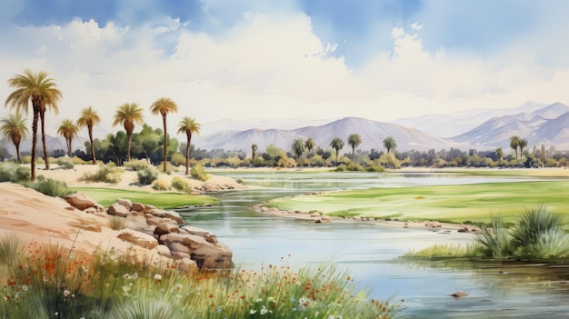 Un día sereno de verano Pinturas de acuarela del campo de golf de Palm Springs