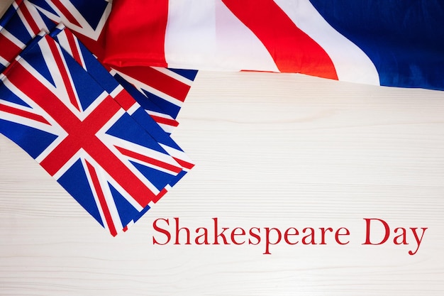 Día de Shakespeare Concepto de vacaciones británicas Vacaciones en Reino Unido Fondo de bandera de Gran Bretaña