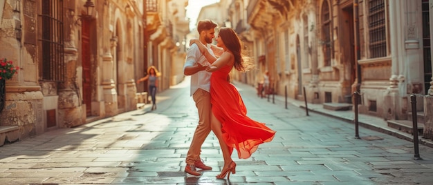 Foto en un día soleado afuera en un antiguo lugar turístico culturalmente rico una hermosa pareja bailando un baile latino en una calle tranquila de un viejo pueblo