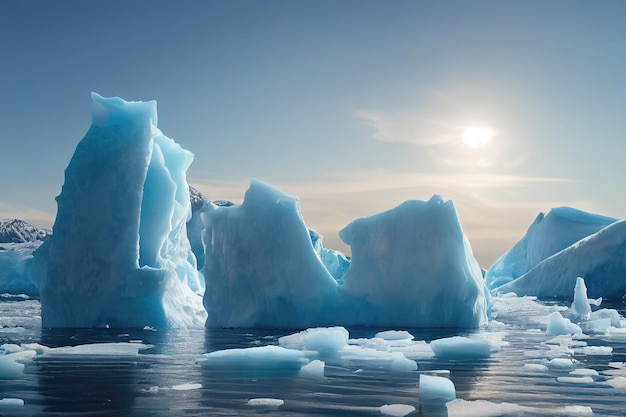 Un día soleado en la fría Antártida. Icebergs antárticos. Reflejo de icebergs en aguas claras y profundas.