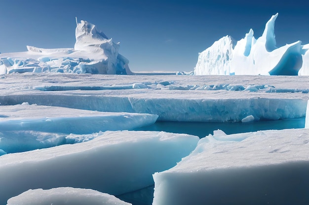 Un día soleado en la fría Antártida. Icebergs antárticos. Reflejo de icebergs en aguas claras y profundas.