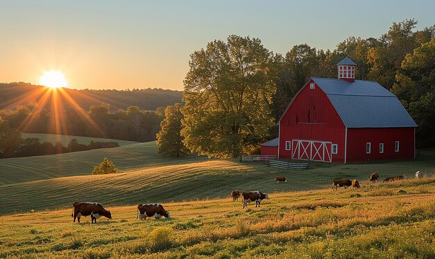 Un día soleado en el granero rojo de la granja rural