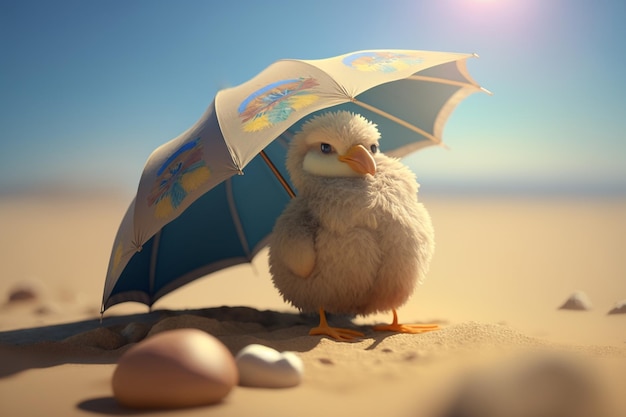 Día soleado de playa para la gallina relajada que se relaja bajo una sombrilla