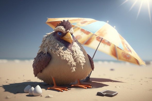 Día soleado de playa para la gallina relajada que se relaja bajo una sombrilla