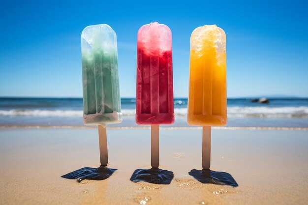 Día soleado en la playa con paletas heladas AI