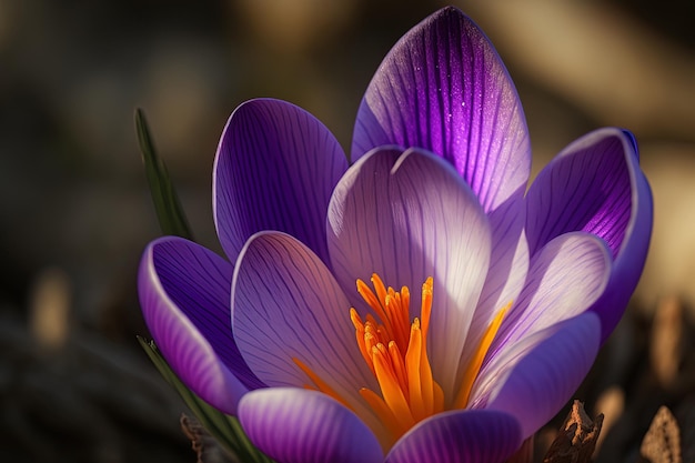 En un día soleado, se puede ver un primer plano de una flor de azafrán púrpura en el jardín