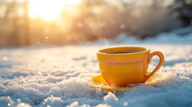 En un día soleado en la taza amarilla fría llena de café caliente se coloca afuera en la nieve AI generativa