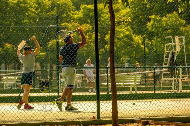 Día soleado de verano en la cancha de tenis. Figuras desenfocadas de una niña y su entrenador.