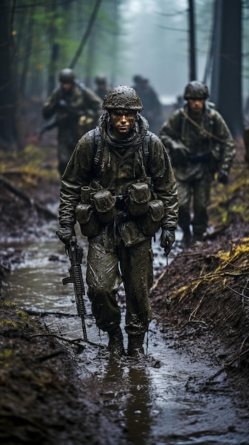 Foto en un día sombrío soldados corriendo por un campo fangoso comienzo de las hostilidades