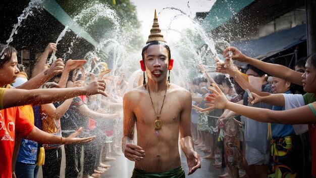 Foto día de songkran tradicional tailandés y fiesta de año nuevo en el festival de salpicaduras de agua de abril