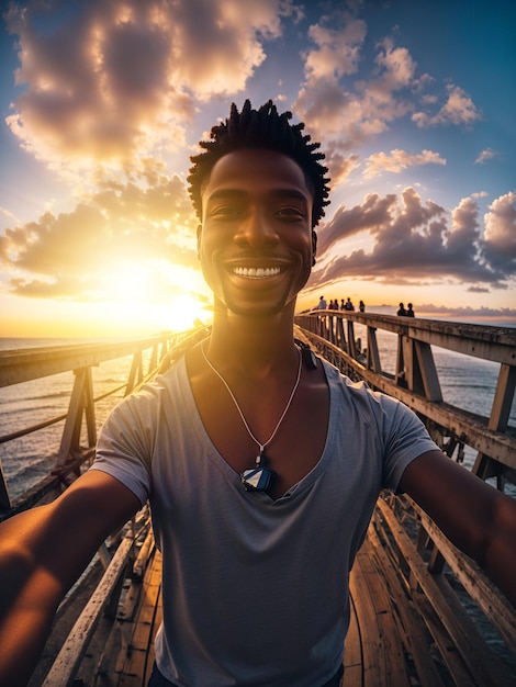 El día de la sonrisa el magnífico hombre negro en el muelle sonriendo en el fondo cinematográfico de la puesta de sol