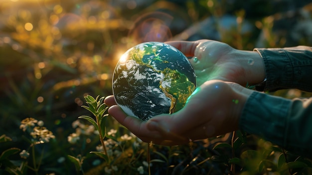 Día de la Tierra Día del Medio Ambiente Manos humanas sosteniendo el modelo del globo terrestre Pequeño planeta brillando en la naturaleza