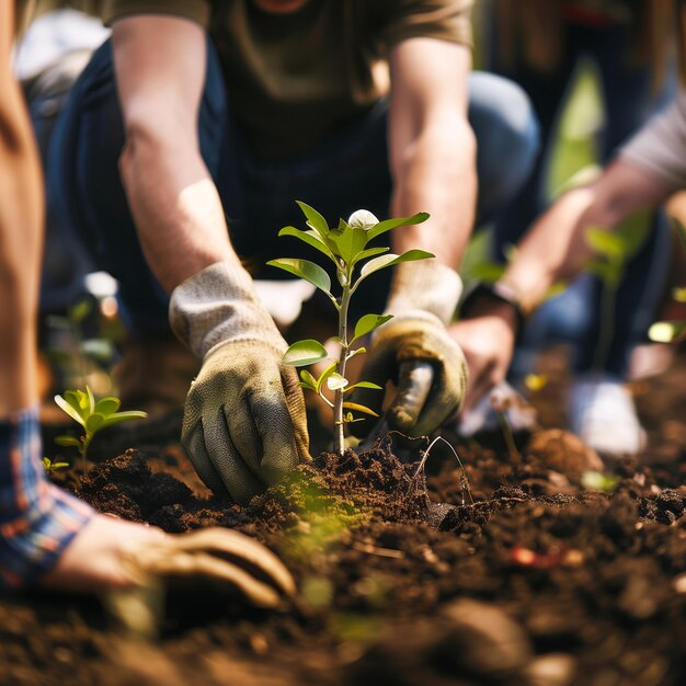 Día de la Tierra con una fotografía brillante y atractiva de miembros de la comunidad participando en una plantación de árboles