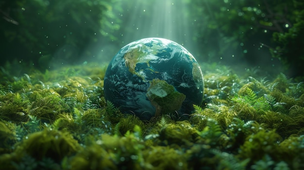 Día de la Tierra imagen abstracta del globo en hierba verde y luz solar
