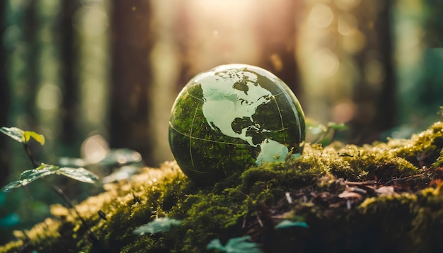 Día de la Tierra Medio ambiente Globo verde en el bosque con musgo y luz solar desenfocada Abstracto