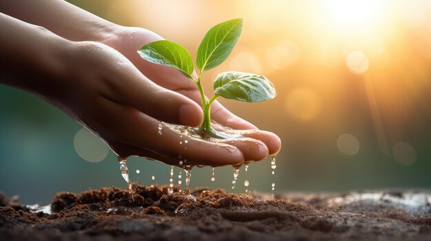 Día de la Tierra una persona plantando un nuevo brote con sus manos y regándolo salva la ecología