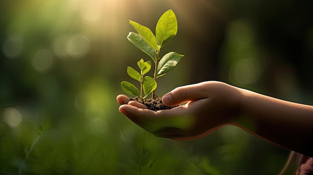 Día de la Tierra protección de la naturaleza dos manos y un fondo de plantas