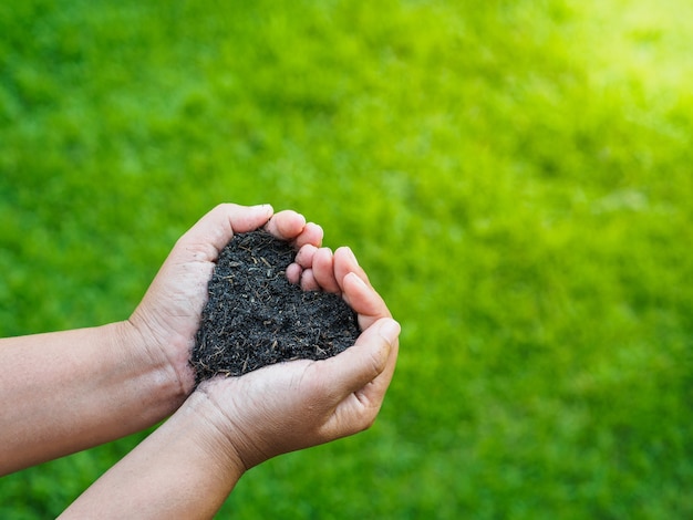 Día de la Tierra, salva el concepto de la tierra. la mano de mujer sosteniendo un suelo sobre fondo de hierba verde