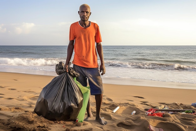 Día de la Tierra Voluntarios Hombre recoge basura limpieza de la zona costera de la playa Hombre pone basura plástica en bolsas de basura en la orilla del océano Conservación del medio ambiente Concepto del Día de la Salvación de la Tierra