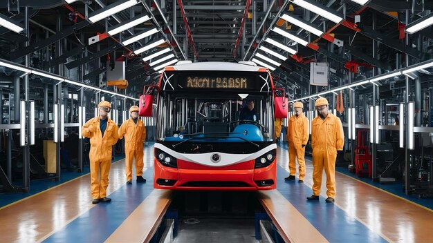 Foto un día de trabajo de producción de automóviles automáticos modernos de autobuses y trolebuses con automóviles inacabados