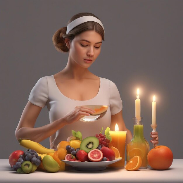 Foto dia de las velitas mujer joven cocinando con frutas de vela y jugos de flores en una ensalada