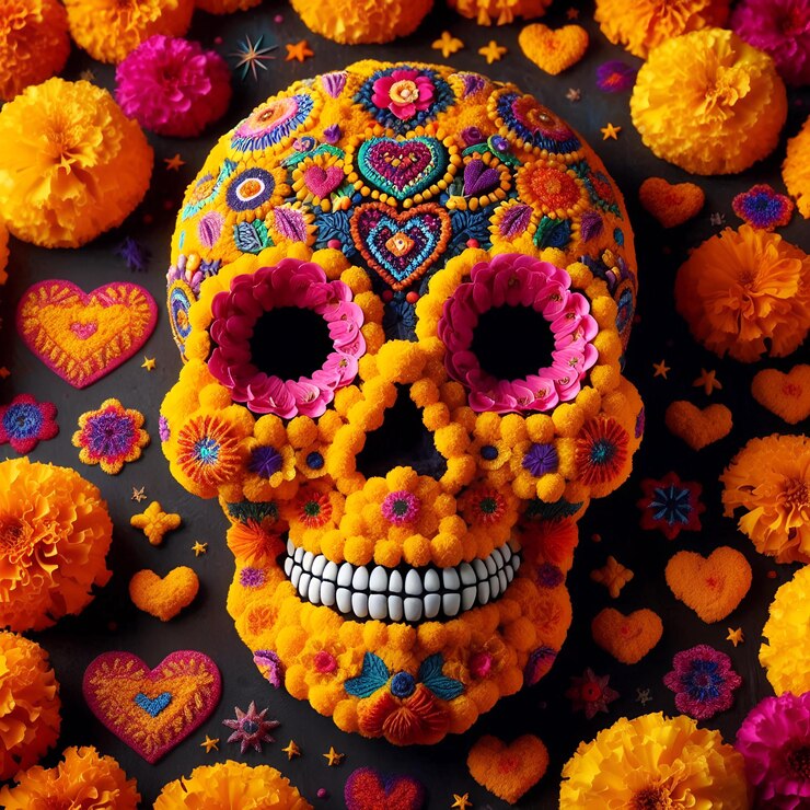 El día vibrante de la calavera de azúcar muerta con decoraciones florales