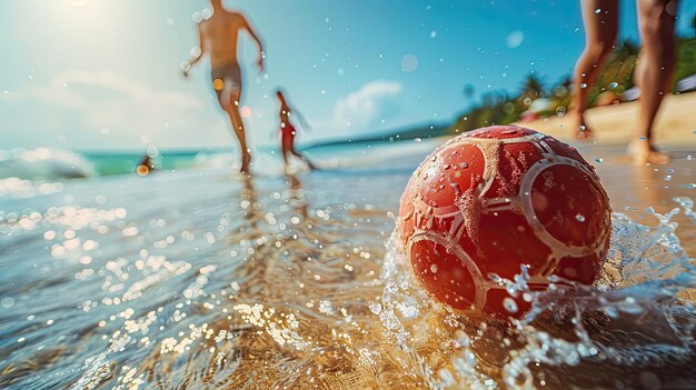 Foto un día vibrante en la playa con la pelota roja y la gente disfrutando de la diversión en la orilla del mar