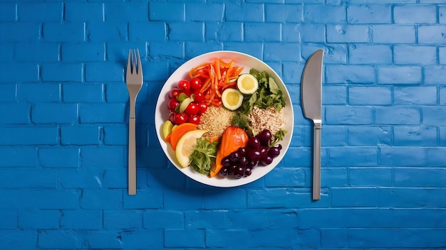 Foto diabetes y alimentos saludables en la pared azul
