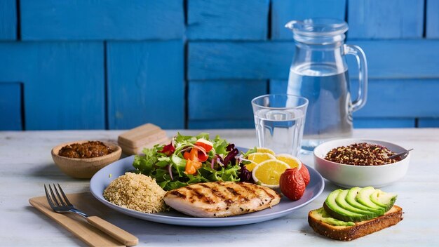 Foto diabetes y alimentos saludables en la pared azul