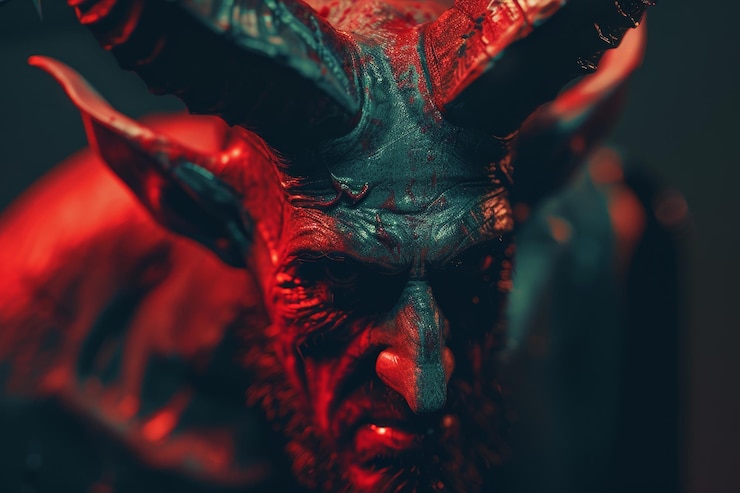 Foto un diablo con cuernos en la cabeza está de pie frente a un fondo