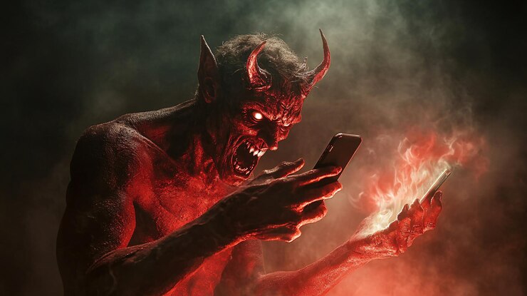Foto el diablo rojo usando su teléfono inteligente navegando por las redes sociales